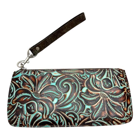 Patricia Nash St Croce Tooled Leather Wristlet Turquoise Brown - Picture 1 of 6